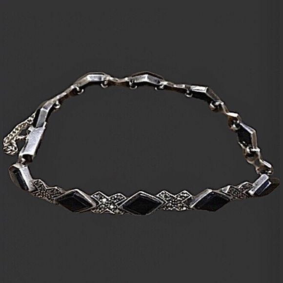 Vintage Jewelry - Vintage Black Onyx Marcasite Sterling Silver Tennis Bracelet